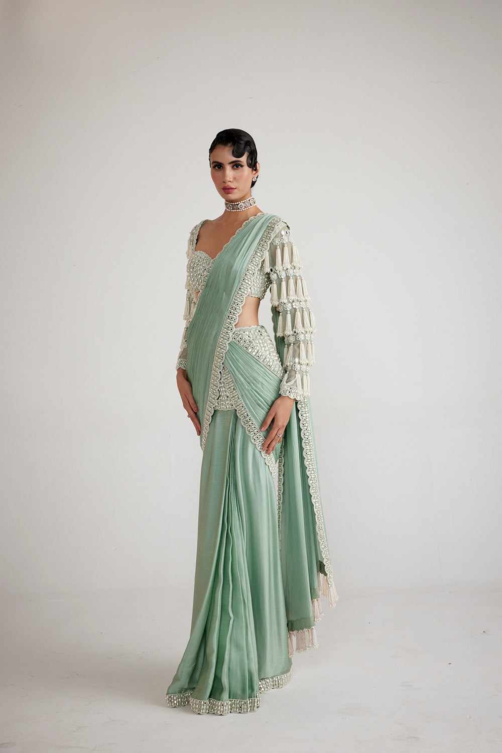 Powder Mint Chandelier Drop Saree Set - Auraya Fashion 