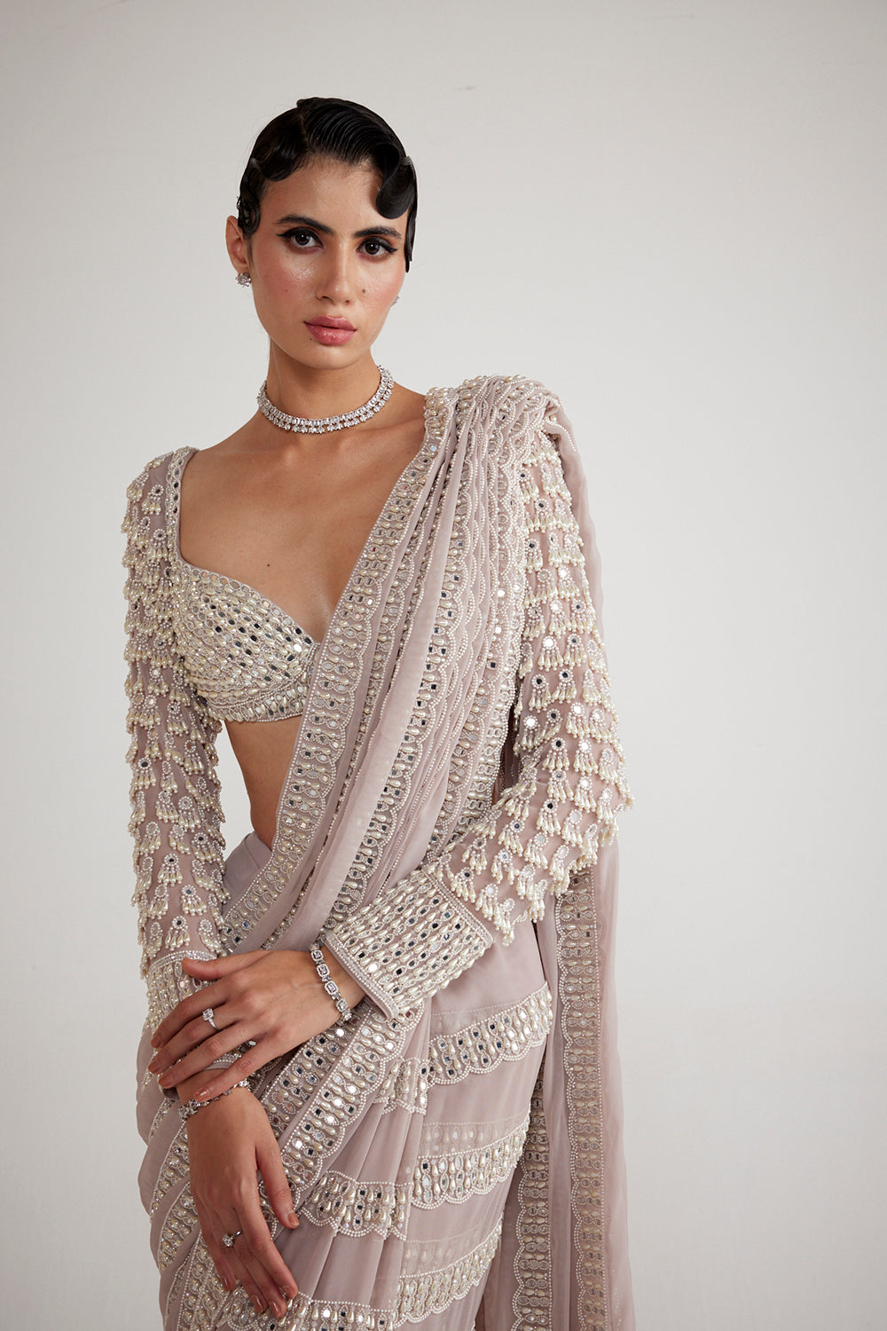 Ash Pink Chandelier Pearl Drop Saree Set - Auraya Fashion 