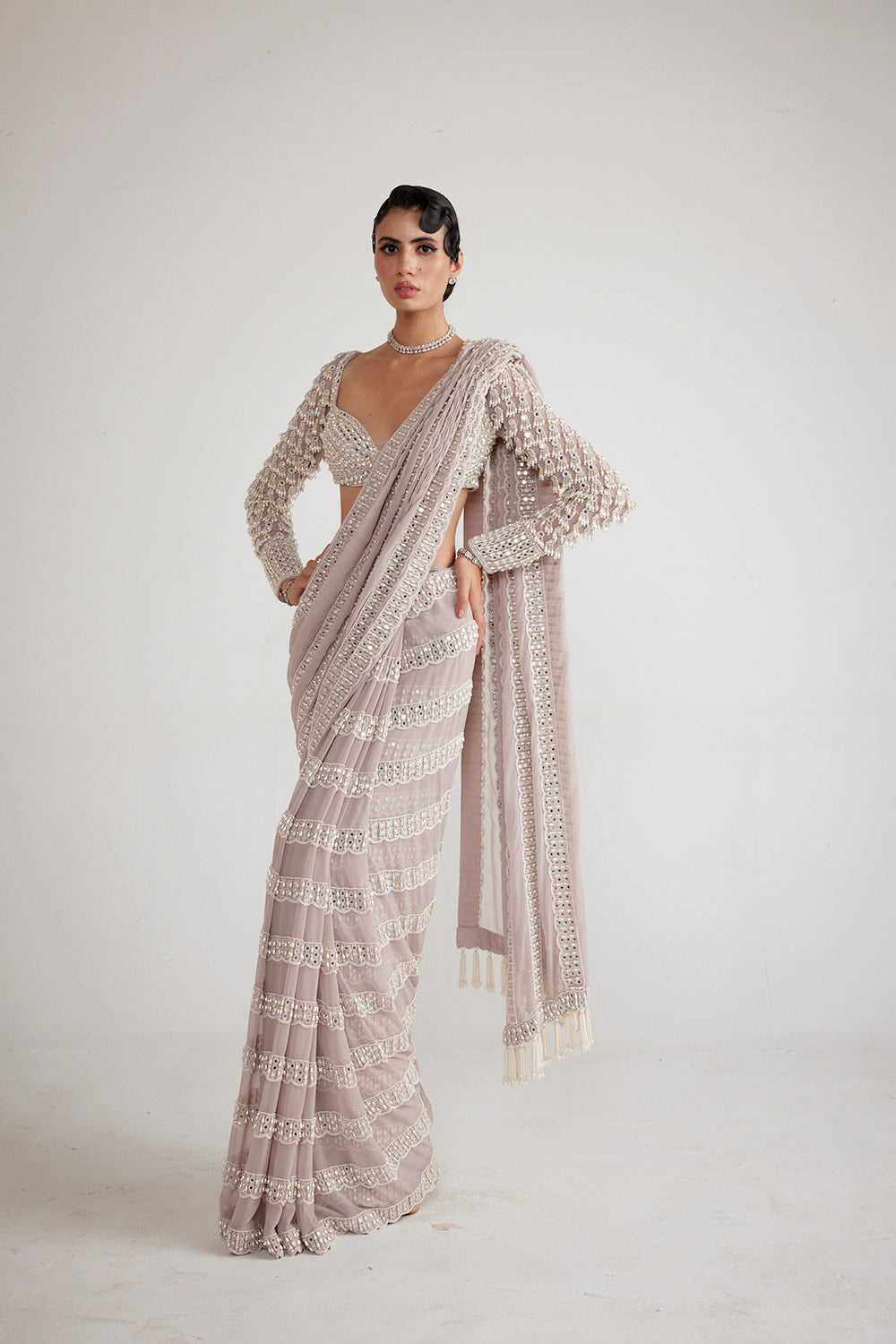 Ash Pink Chandelier Pearl Drop Saree Set - Auraya Fashion 