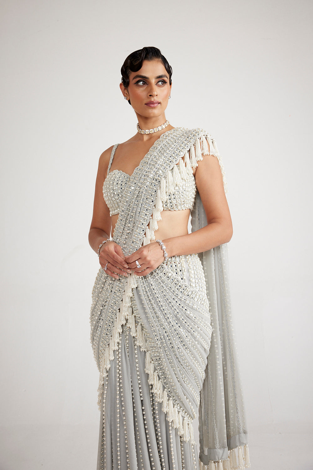 Powder Grey Chandelier Pearl Drop Saree Set - Auraya Fashion 