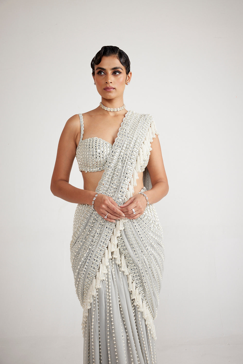 Powder Grey Chandelier Pearl Drop Saree Set - Auraya Fashion 