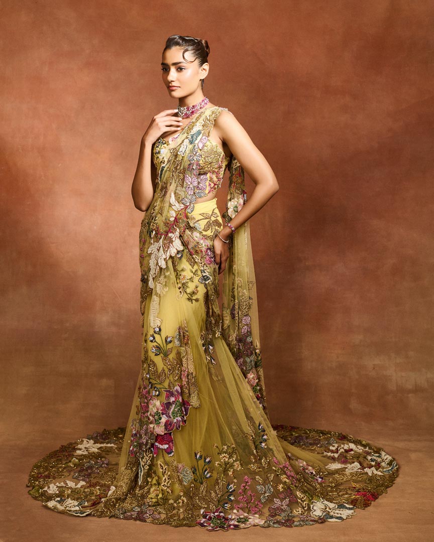 ETHEREAL BLOOM YELLOW TRAIL SAREE