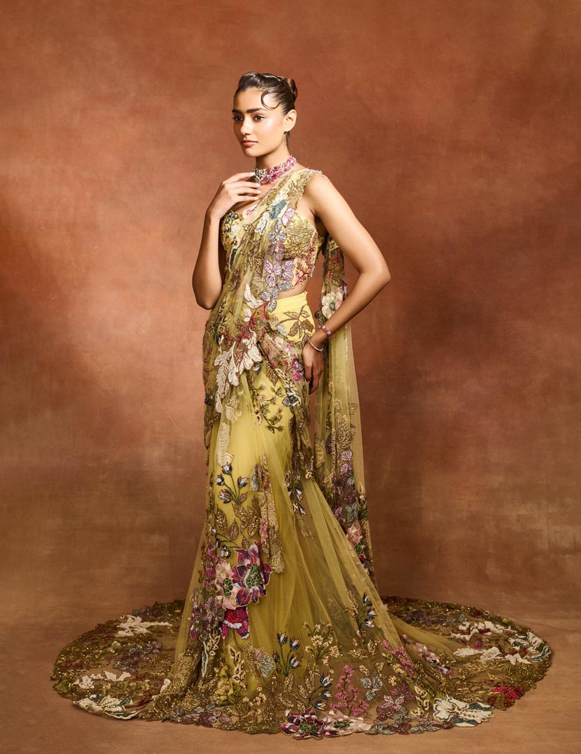 ETHEREAL BLOOM YELLOW TRAIL SAREE