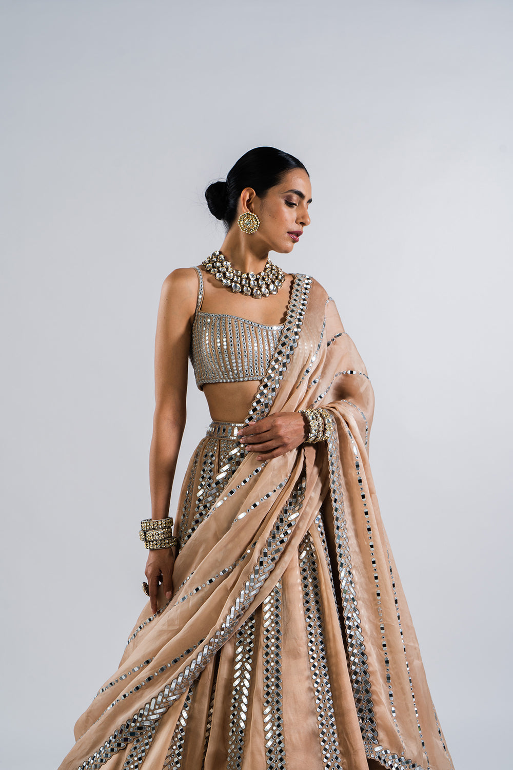 Beige Mirror Seam Lehenga  With Mirror Blouse