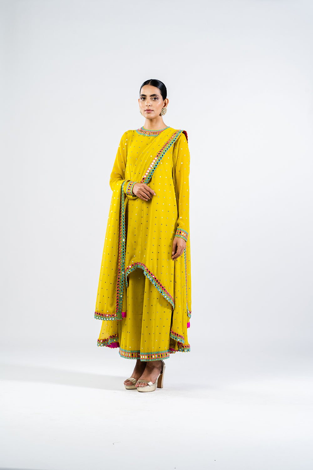 Moss Green Asymmetrical Kurta Set With Dupatta