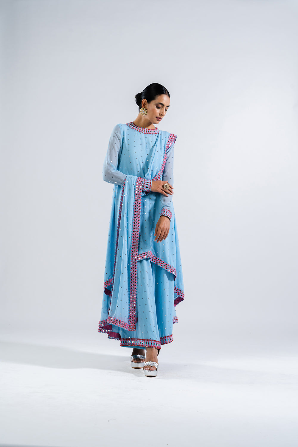 Ice Blue Asymmetrical Kurta Set With Dupatta