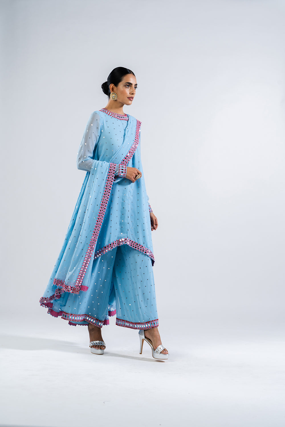 Ice Blue Asymmetrical Kurta Set With Dupatta