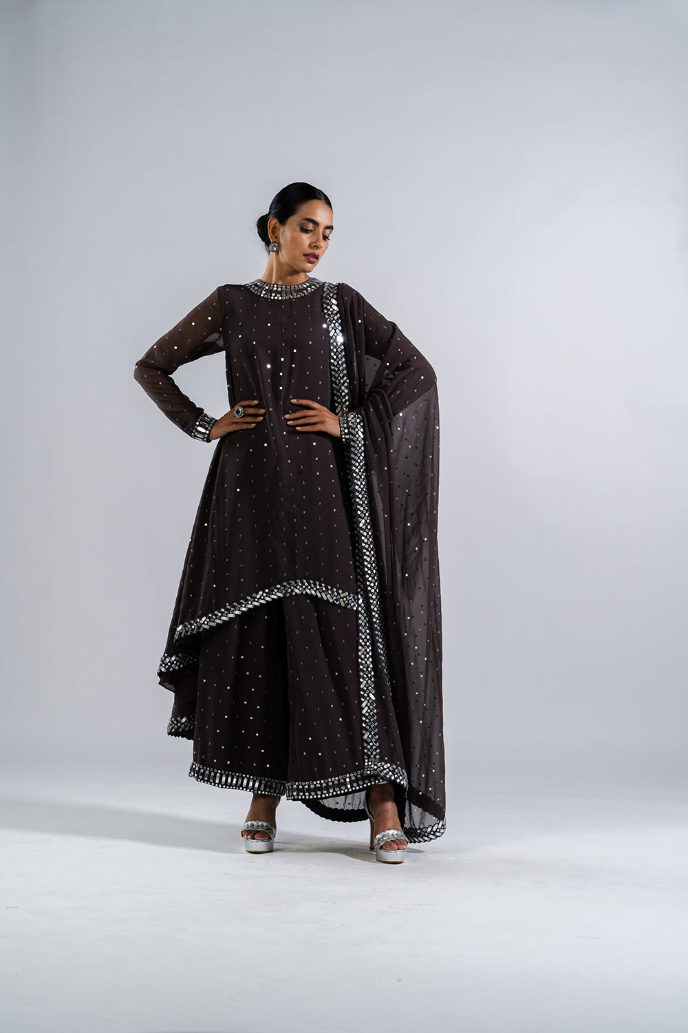 Charcoal Grey Asymetrical Kurta Set With Dupatta