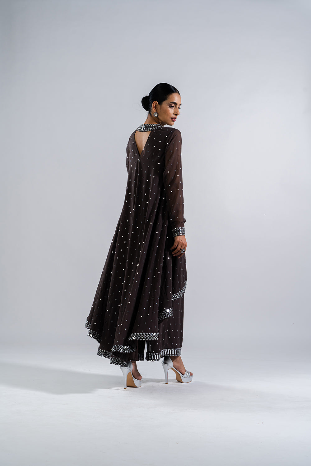 Charcoal Grey Asymetrical Kurta Set With Dupatta