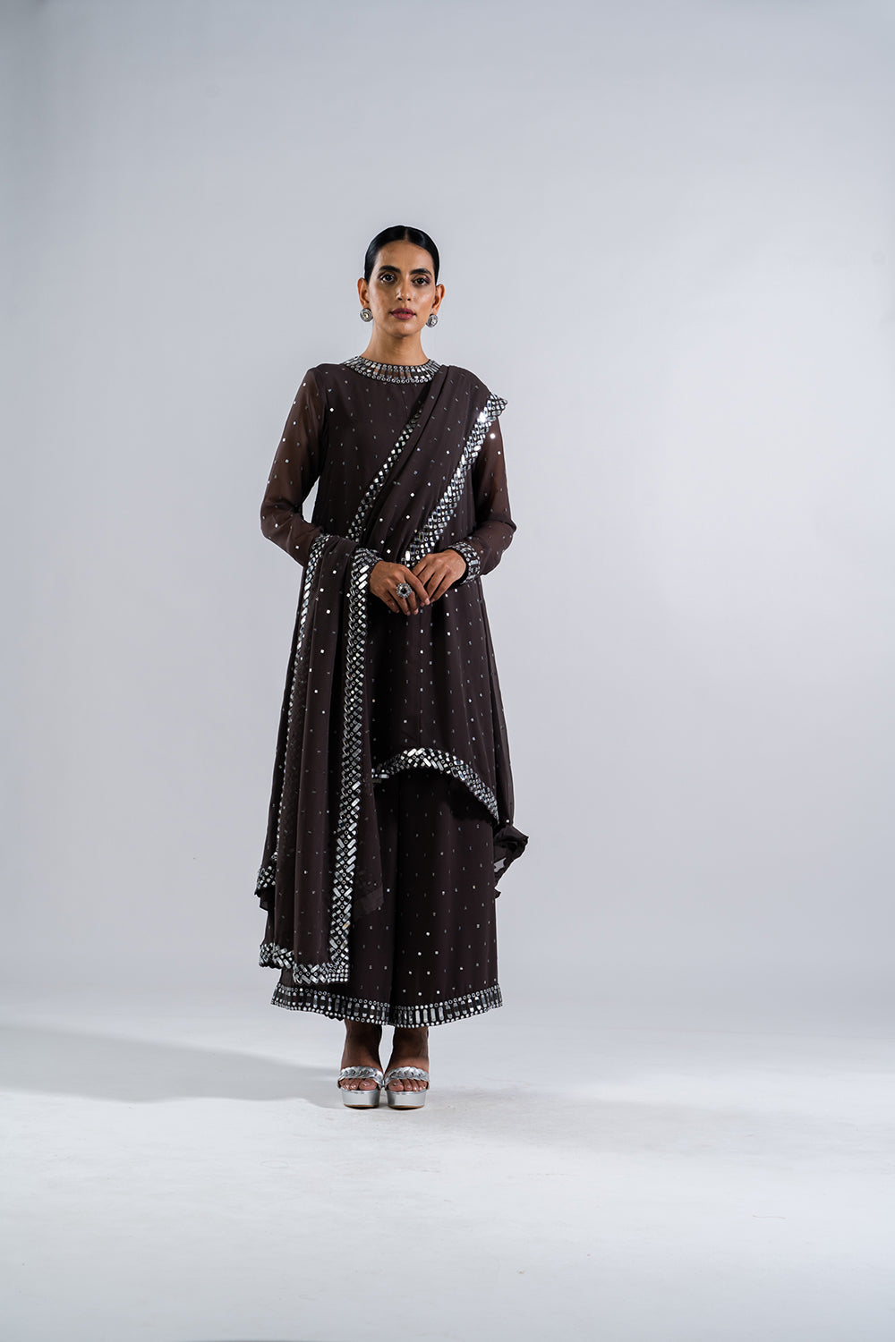 Charcoal Grey Asymetrical Kurta Set With Dupatta