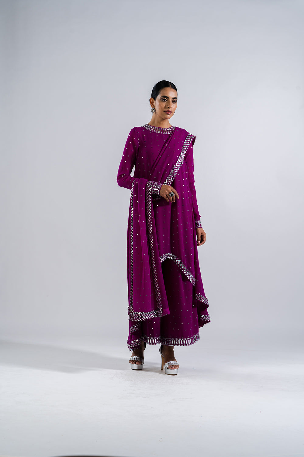 Pop Wine Asymetrical Kurta Set With Dupatta