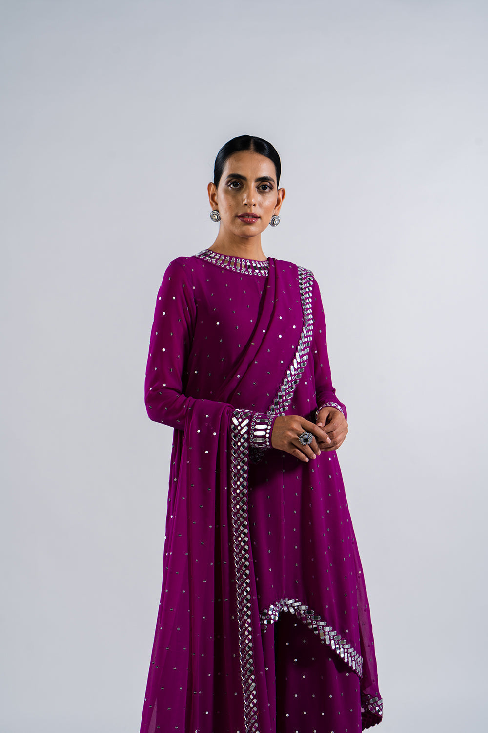 Pop Wine Asymetrical Kurta Set With Dupatta