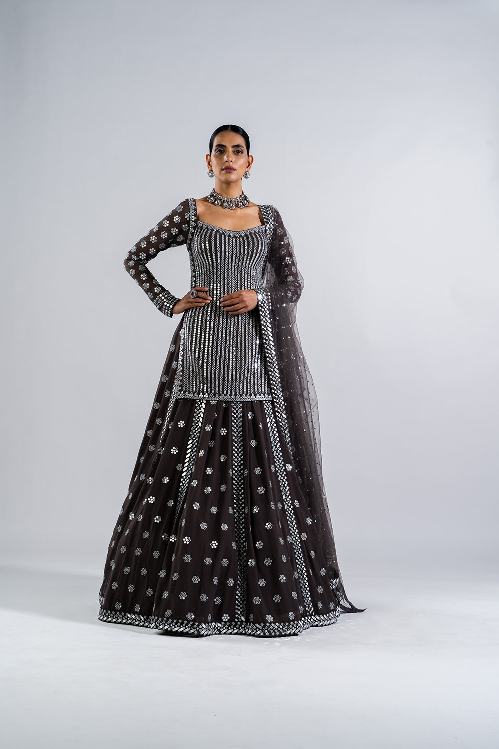 Charcoal Grey Mirror Work Kurta  Lehenga Set.