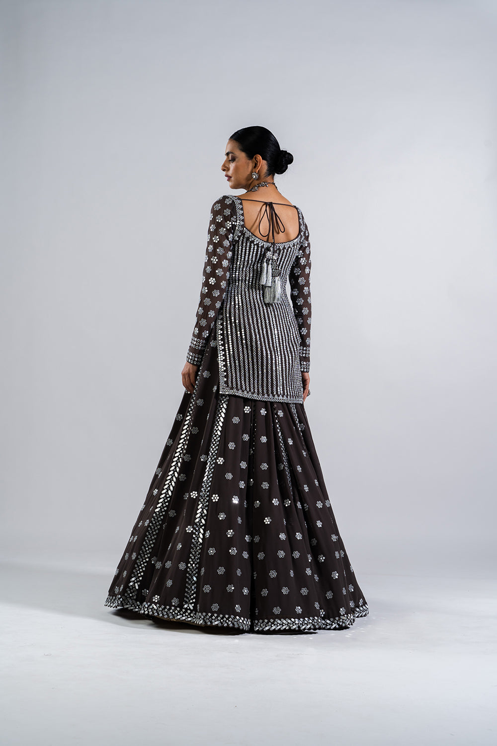 Charcoal Grey Mirror Work Kurta  Lehenga Set.