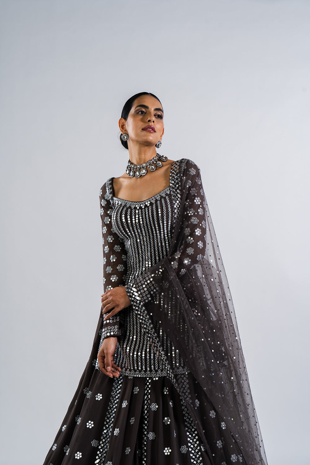 Charcoal Grey Mirror Work Kurta  Lehenga Set.