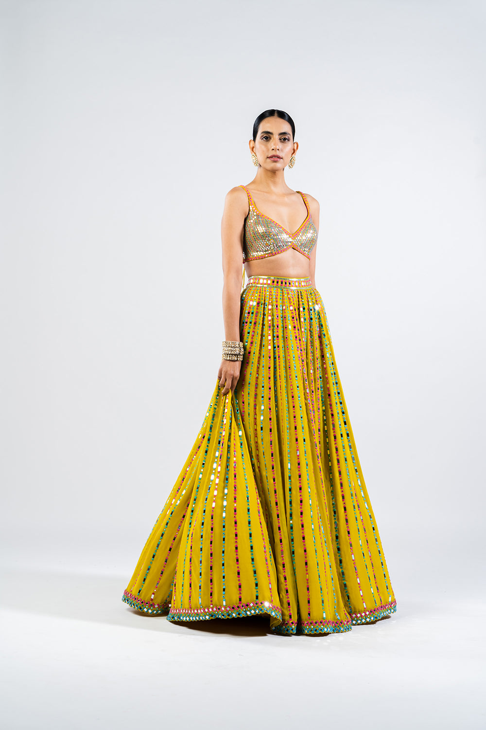 Moss Green Linear Drop Lehenga With Metallic Blouse.