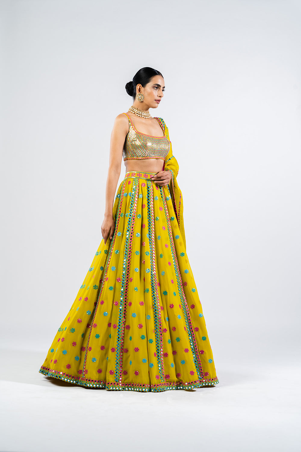 Moss Green Flower Lehenga Set With Metallic Blouse