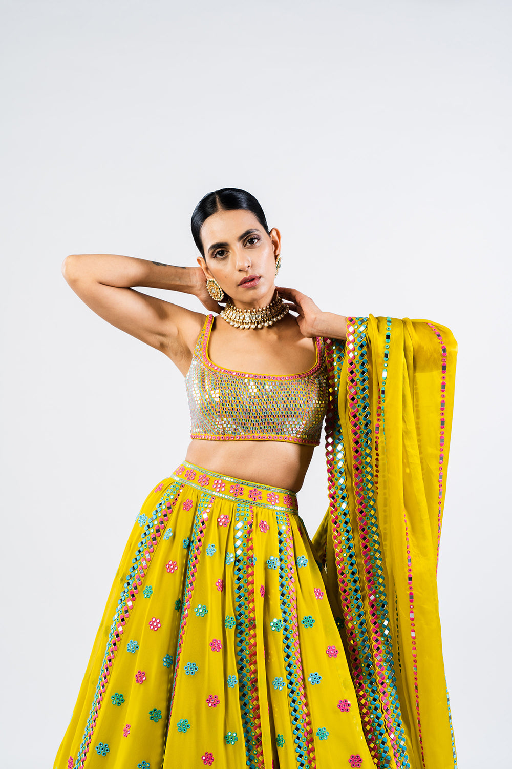 Moss Green Flower Lehenga Set With Metallic Blouse