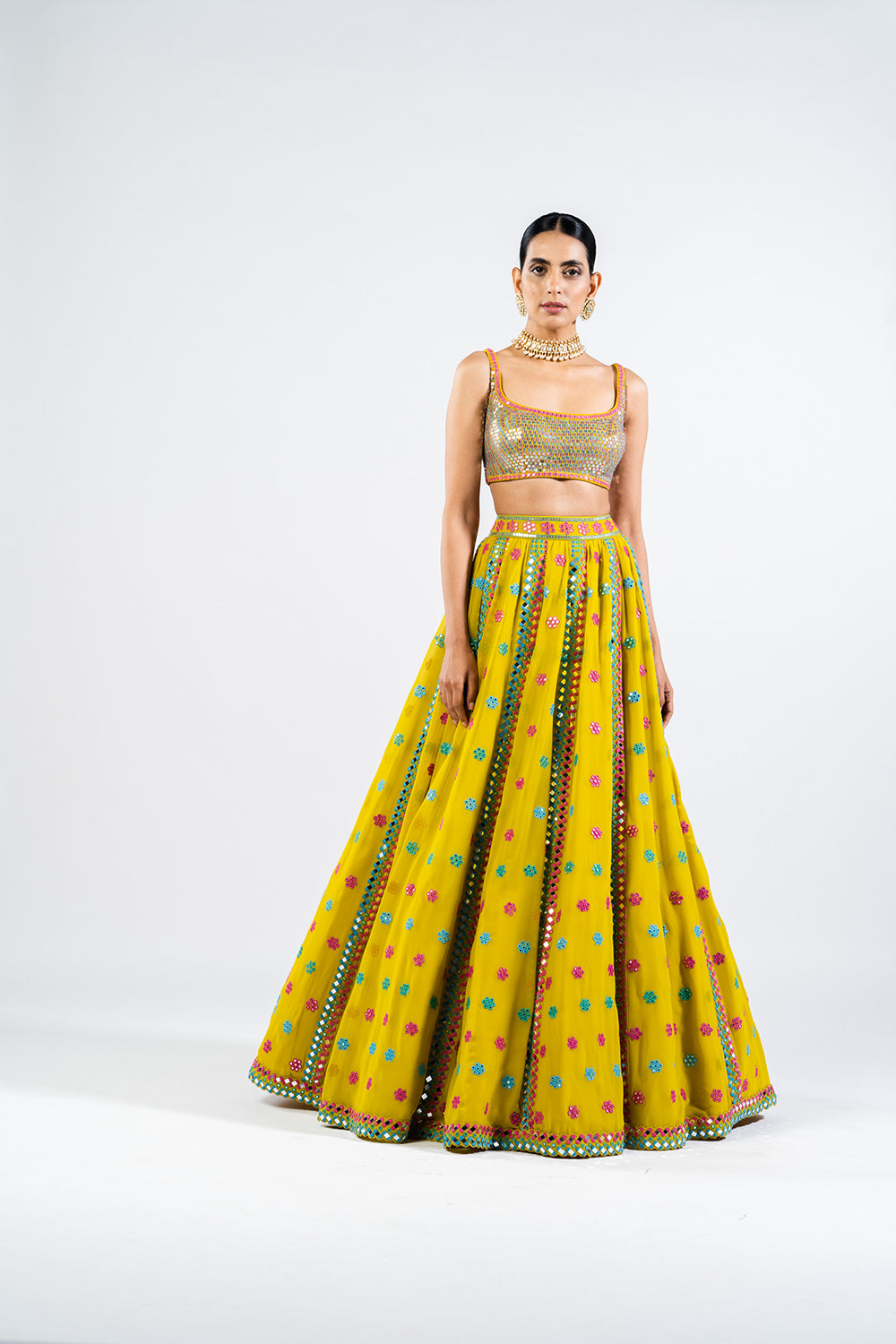 Moss Green Flower Lehenga Set With Metallic Blouse