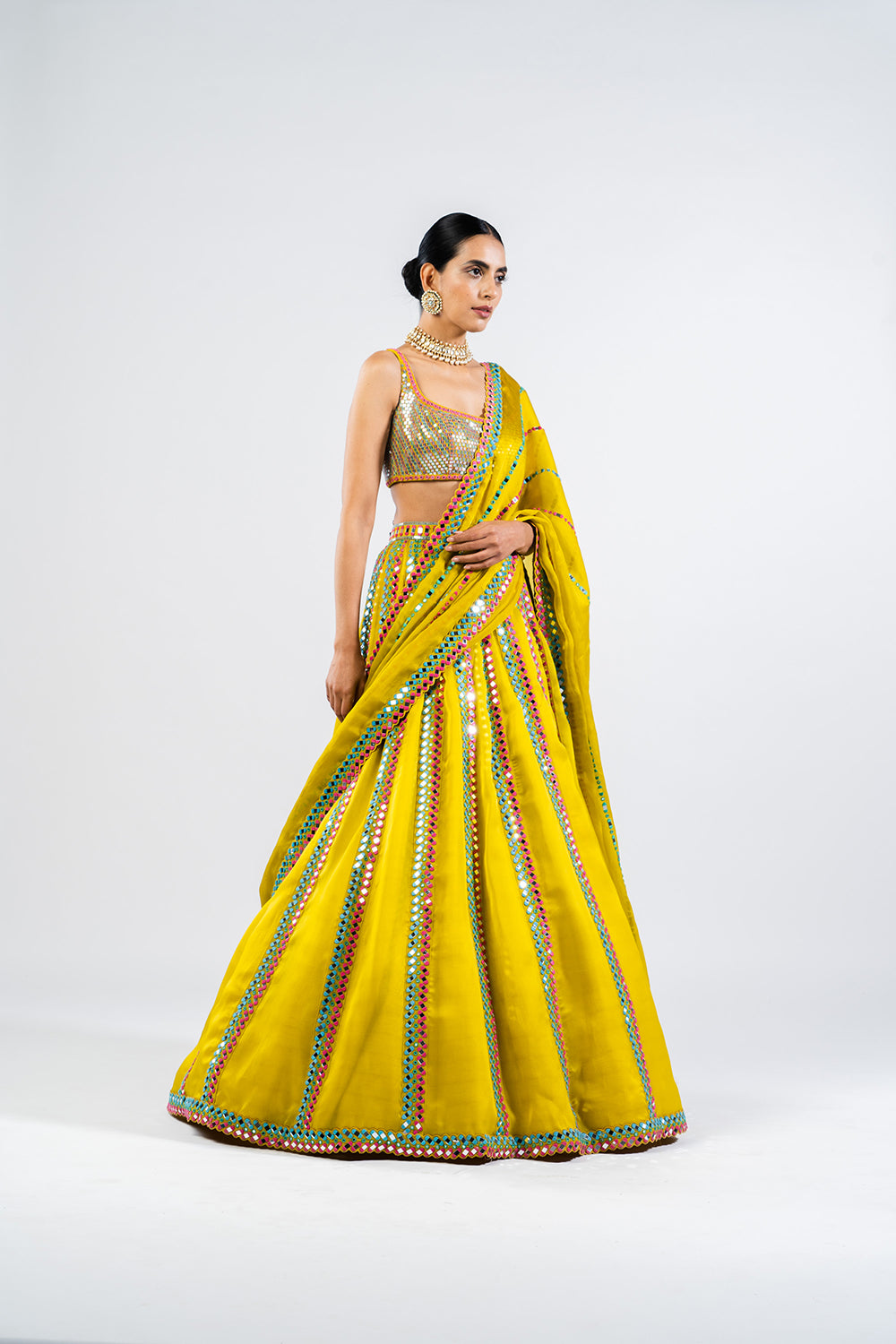 Moss Green Mirror Seam Lehenga Set With Metallic Blouse