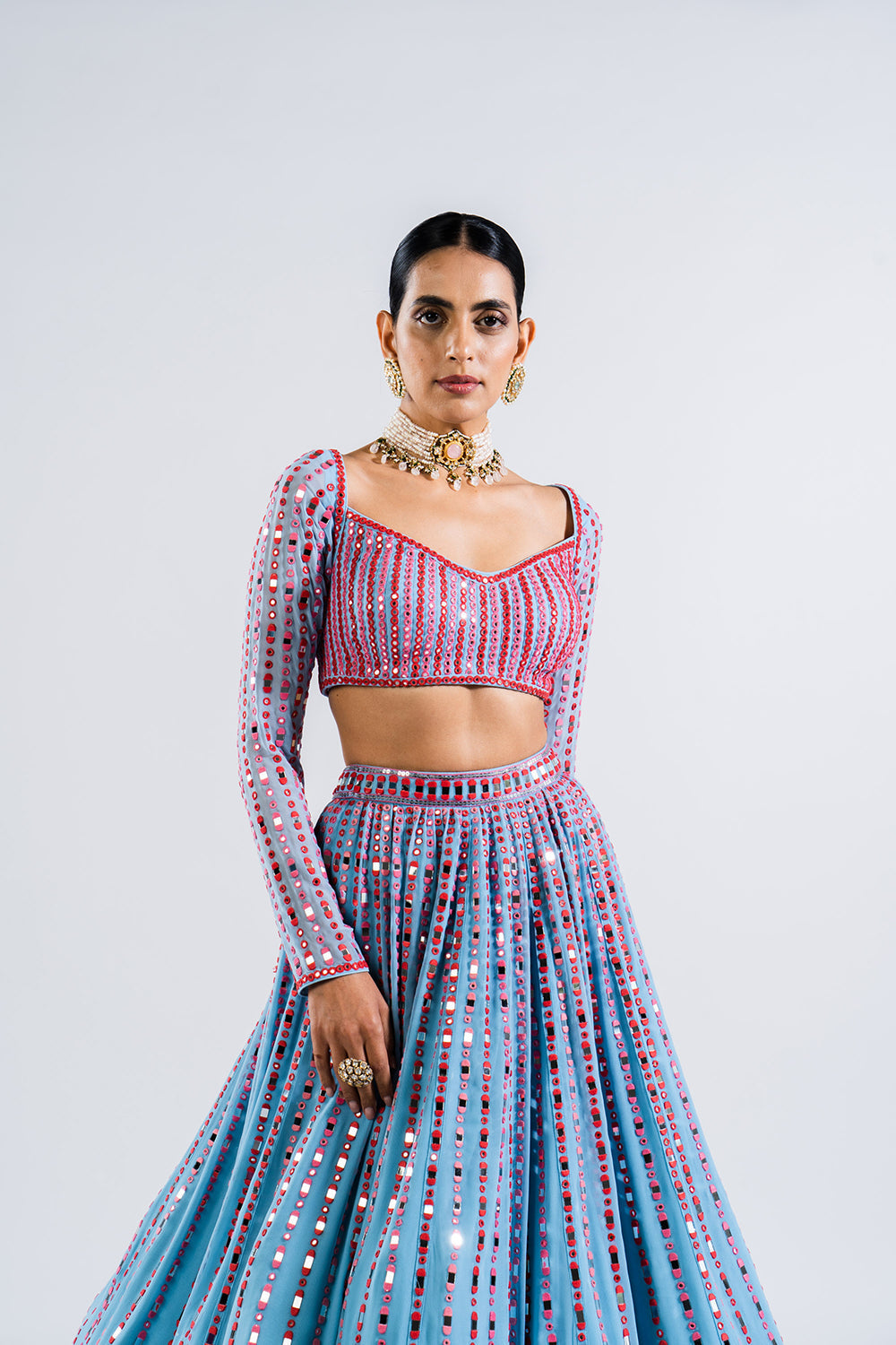 Ice Blue Linear Drop Lehenga Set