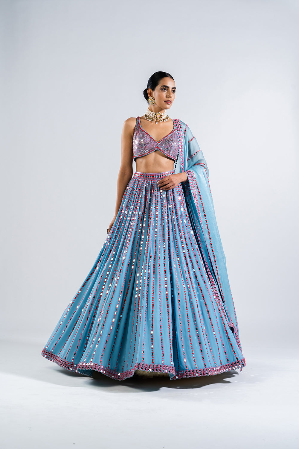 Ice Blue Linear Drop Lehenga With Metallic Blouse