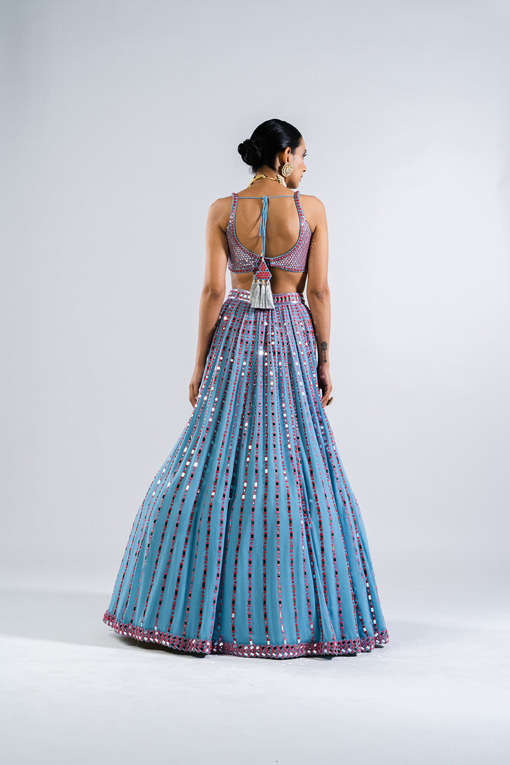 Ice Blue Linear Drop Lehenga With Metallic Blouse