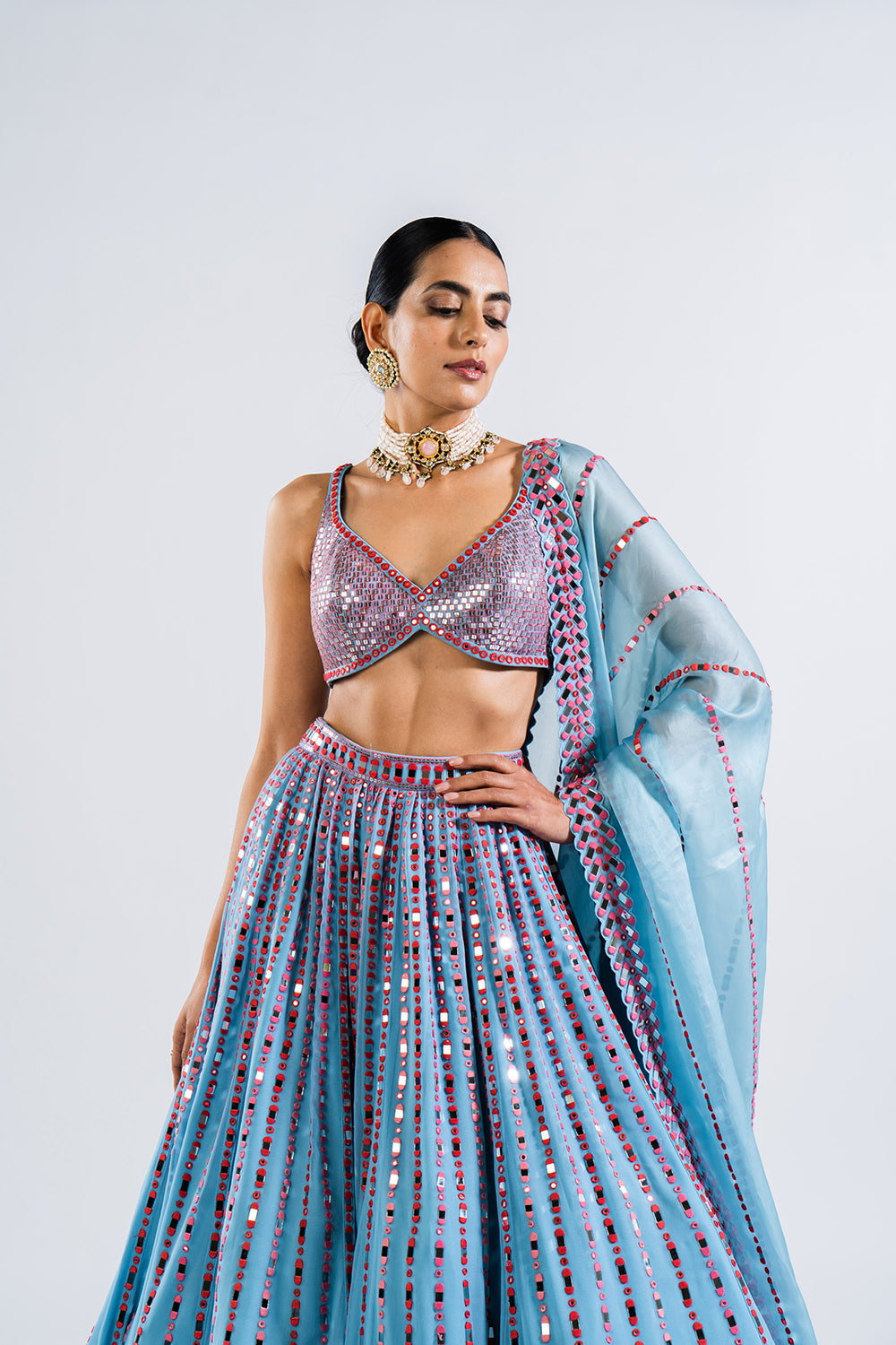 Ice Blue Linear Drop Lehenga With Metallic Blouse