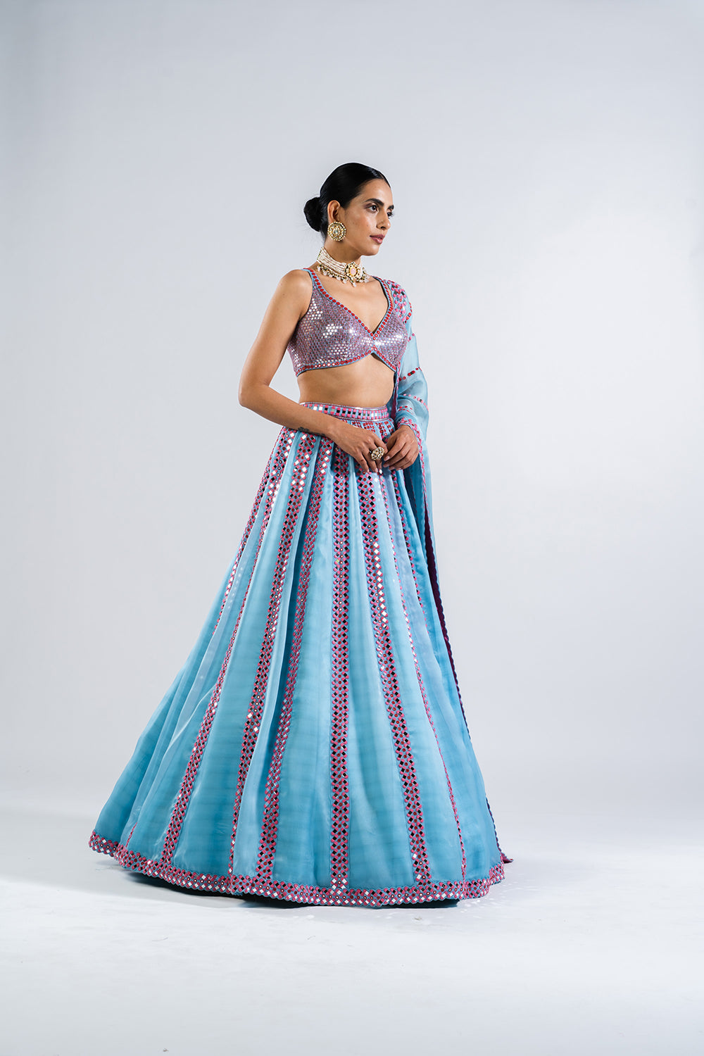 Ice Blue Mirror Seam Lehenga Set