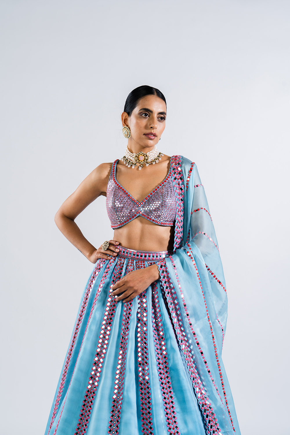 Ice Blue Mirror Seam Lehenga Set