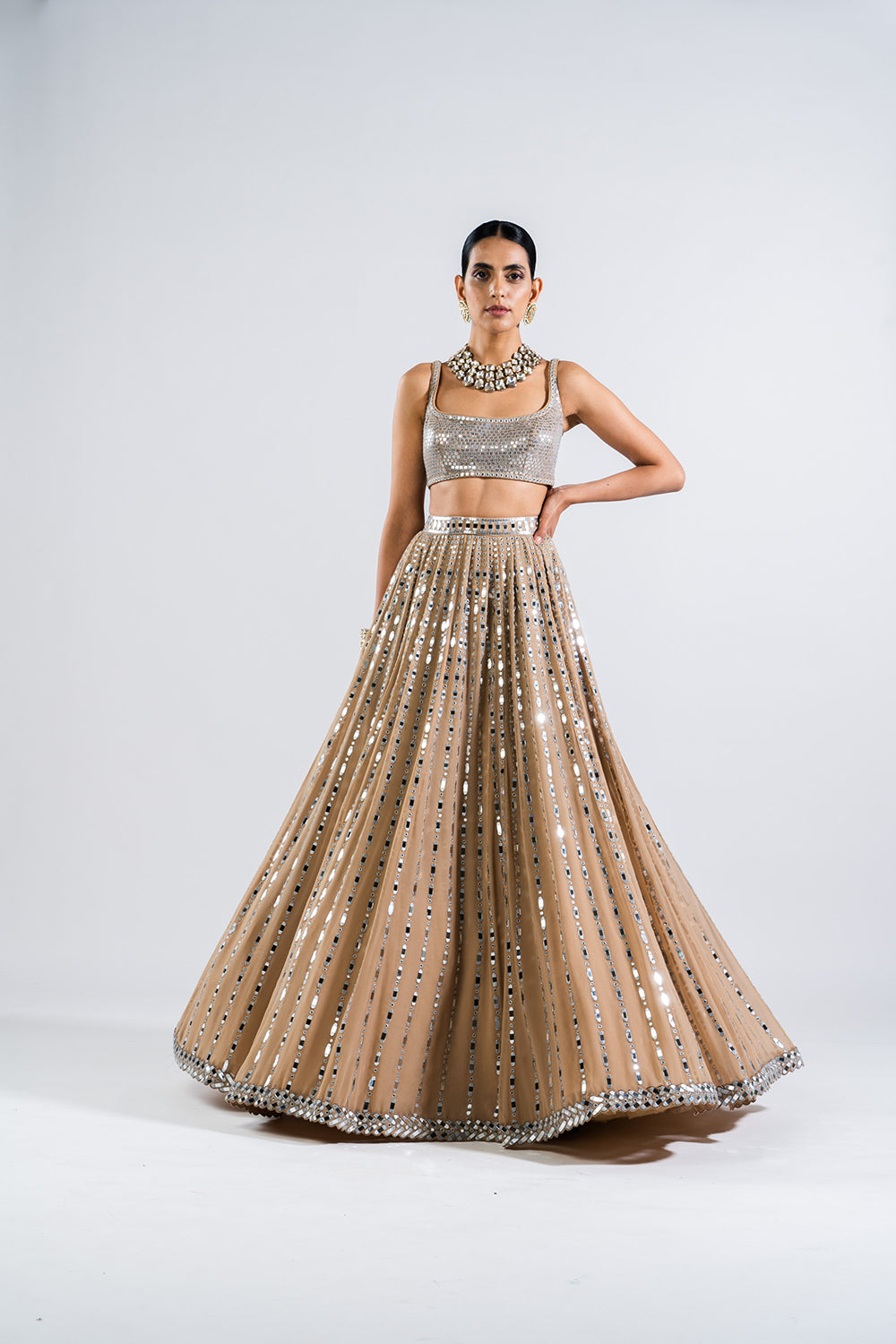 Beige  Linear Drop Lehenga With Metallic Blouse