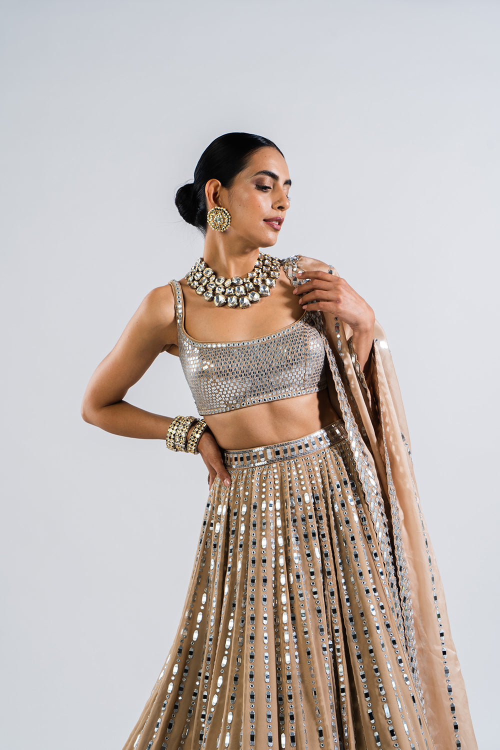 Beige  Linear Drop Lehenga With Metallic Blouse