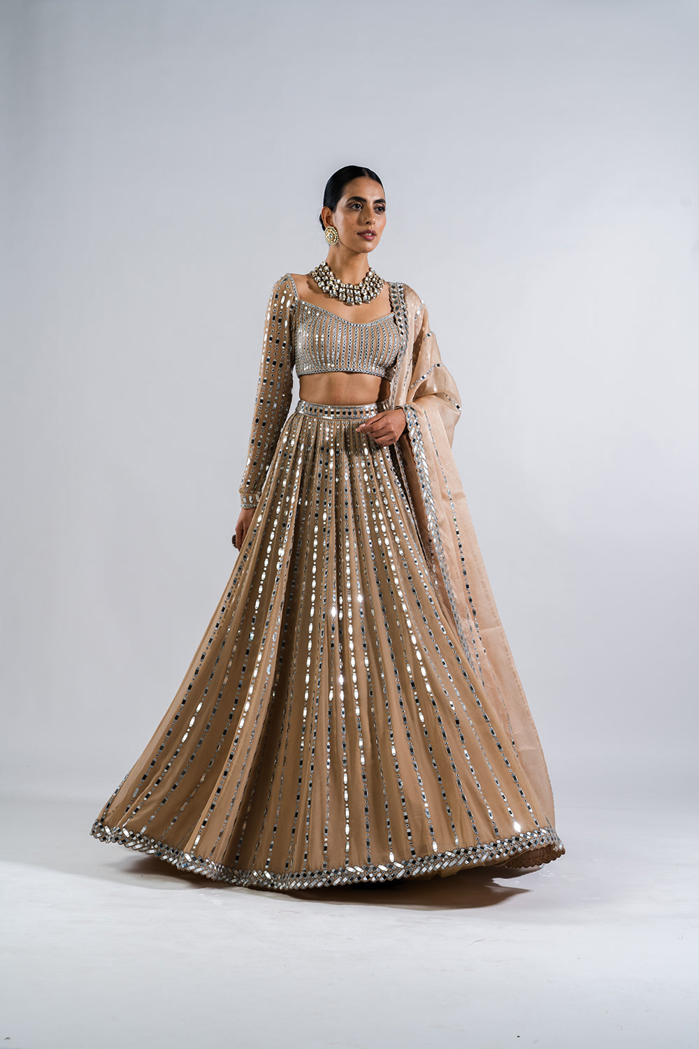 Beige  Linear Drop Lehenga Set