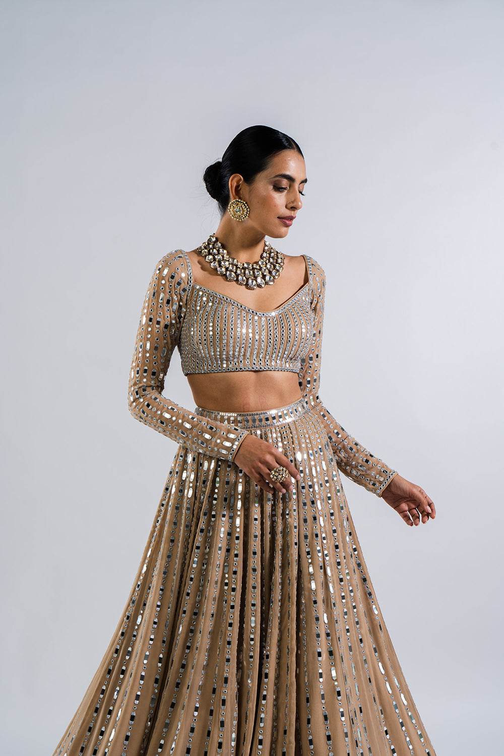 Beige  Linear Drop Lehenga Set