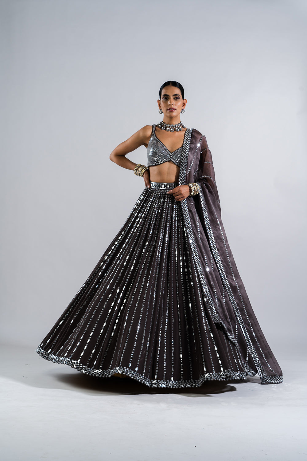 Charcoal Grey Linear Drop Lehenga With Metallic Blouse