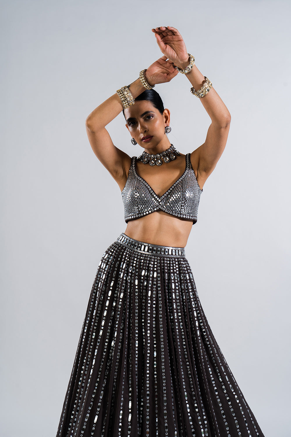 Charcoal Grey Linear Drop Lehenga With Metallic Blouse