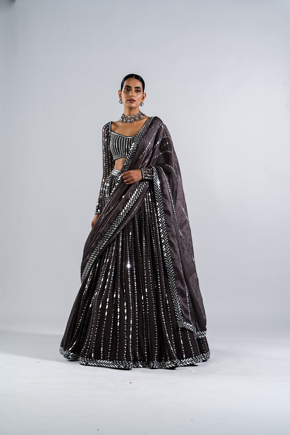 Charcoal Grey  Linear Drop Lehenga Set.