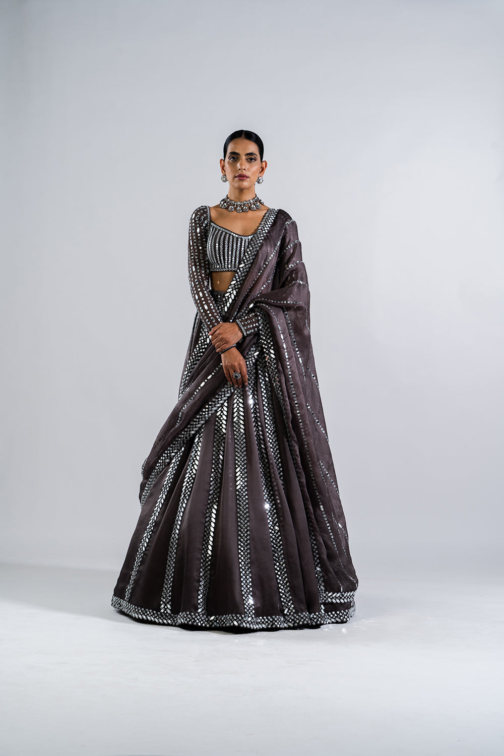 Charcoal Grey Mirror Seam Lehenga Set.