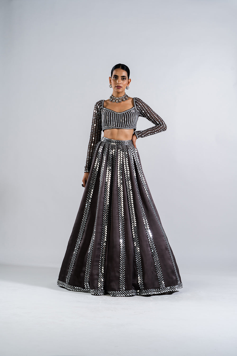 Charcoal Grey Mirror Seam Lehenga Set.