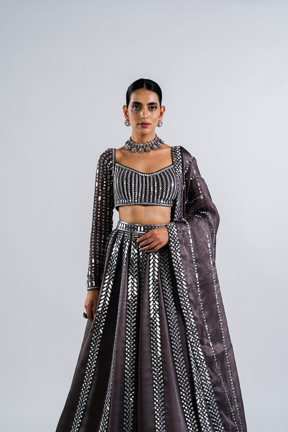 Charcoal Grey Mirror Seam Lehenga Set.