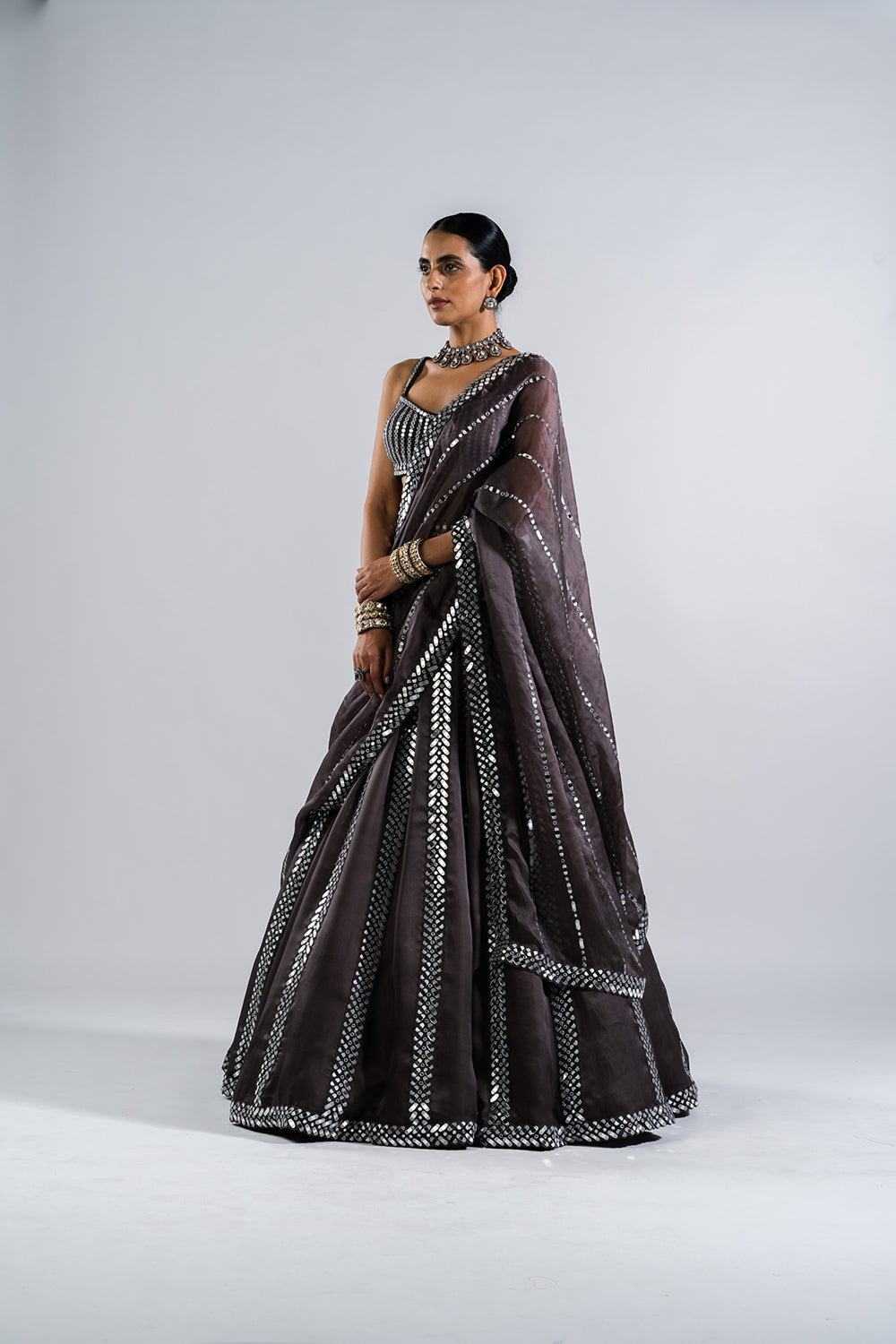 Charcoal Grey Mirror Seam Lehenga  With Mirror Blouse.