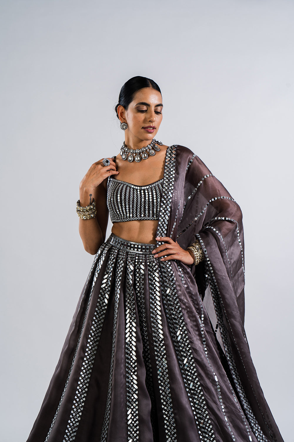 Charcoal Grey Mirror Seam Lehenga  With Mirror Blouse.