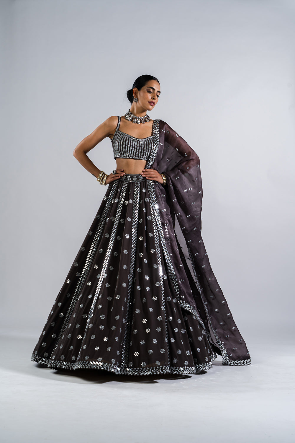 Charcoal Grey Flower Lehenga Set.