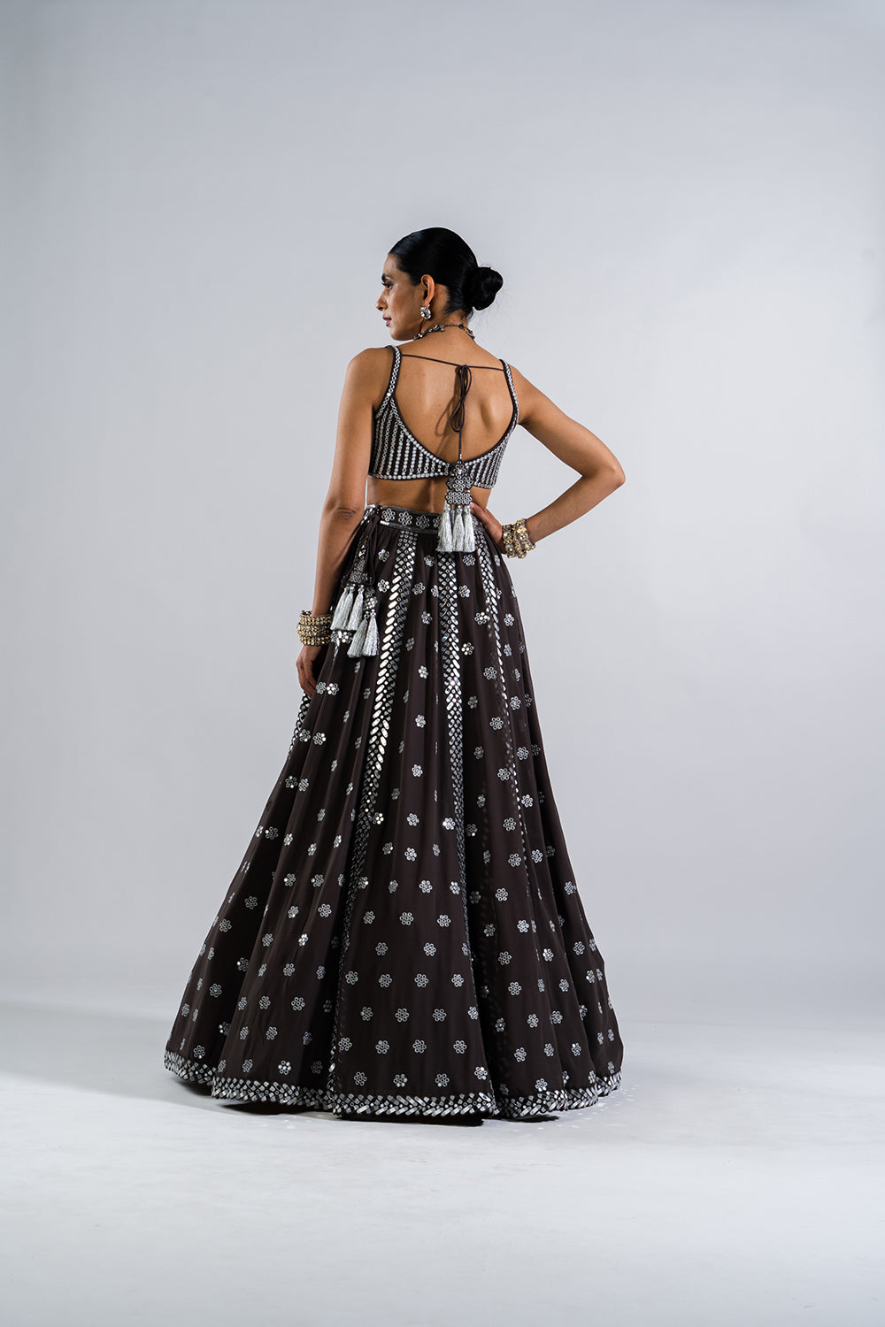 Charcoal Grey Flower Lehenga Set.