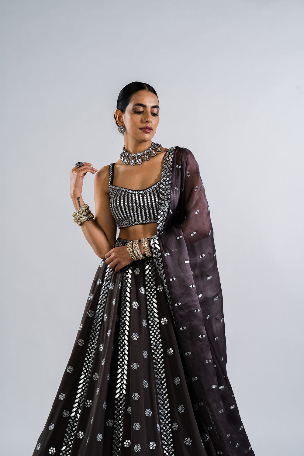 Charcoal Grey Flower Lehenga Set.