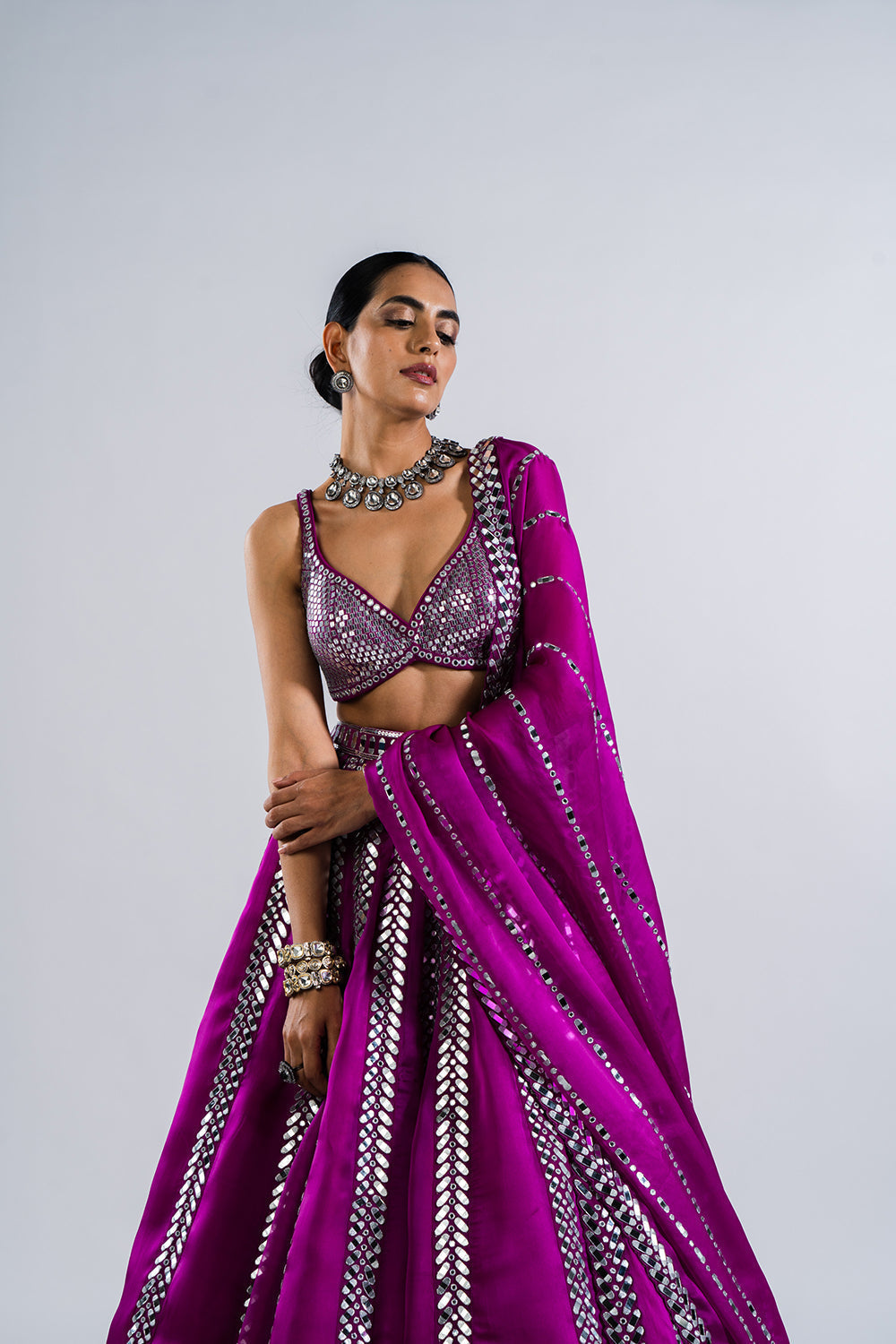 Pop Wine Mirror Seam Lehenga Set