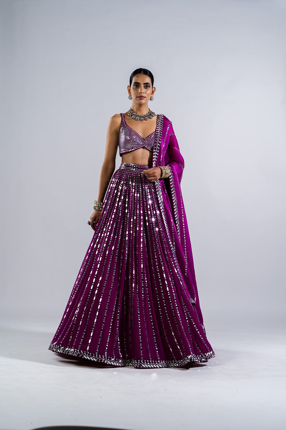 Pop Wine Linear Drop Lehenga With Metallic Blouse