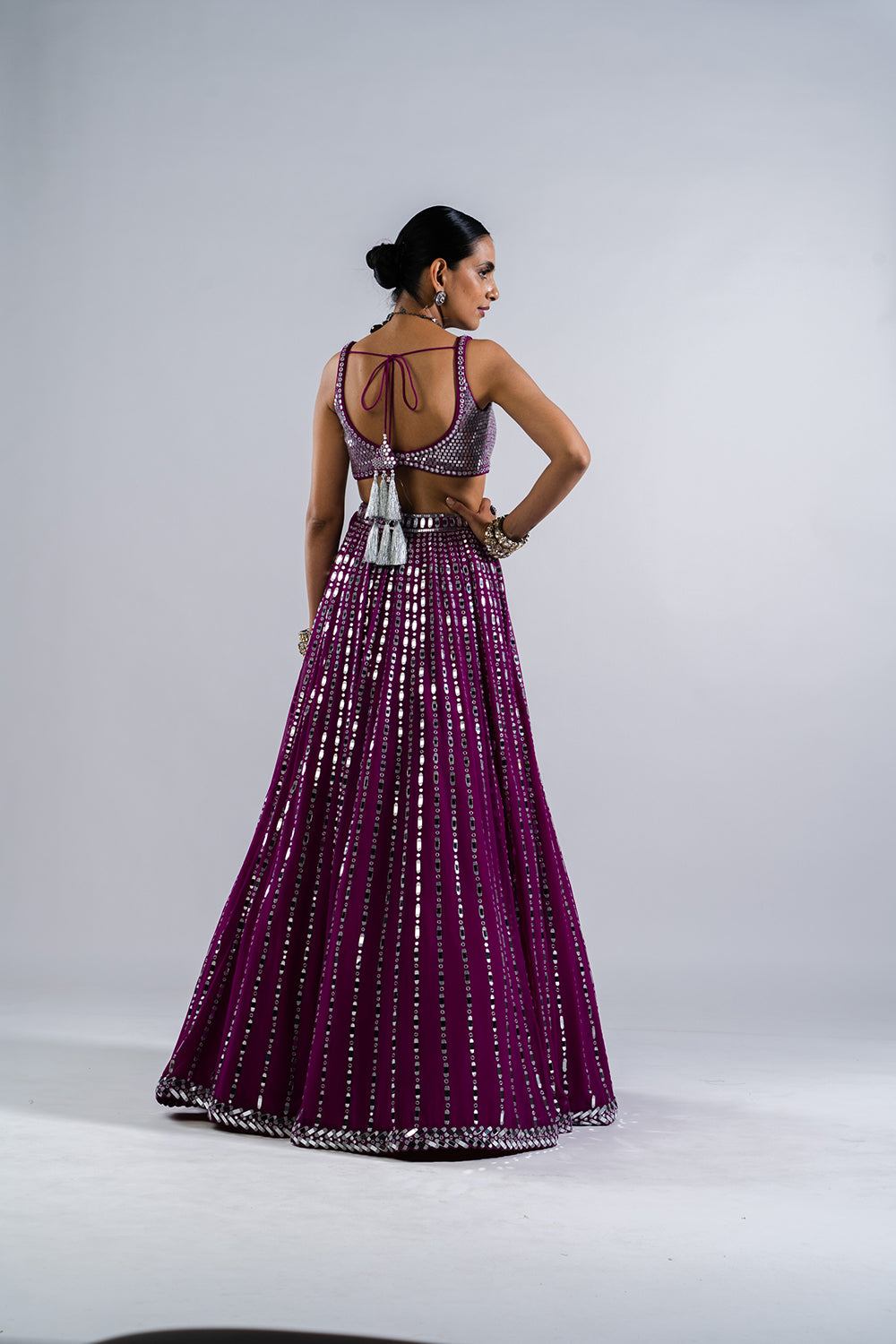 Pop Wine Linear Drop Lehenga With Metallic Blouse