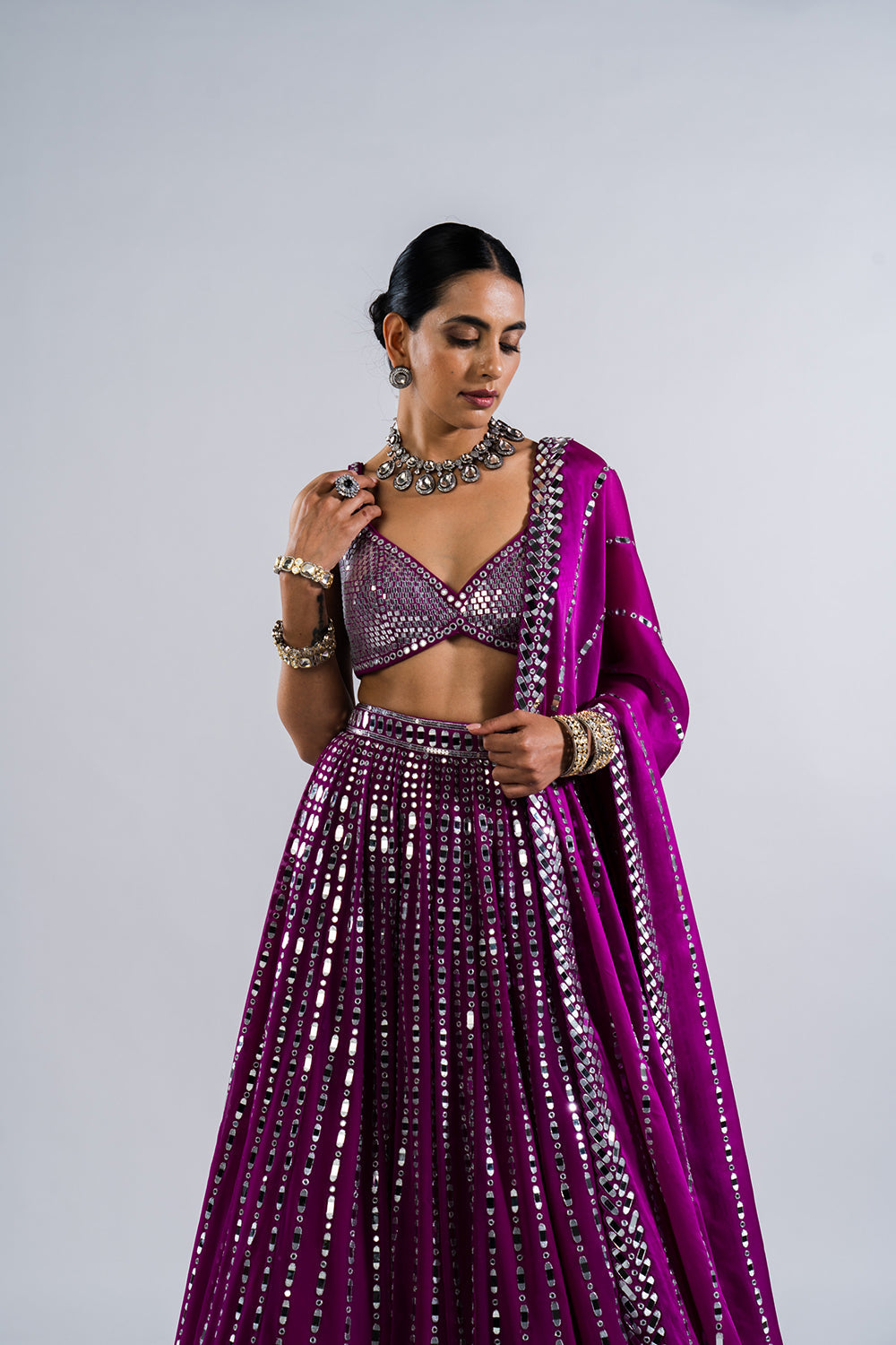 Pop Wine Linear Drop Lehenga With Metallic Blouse