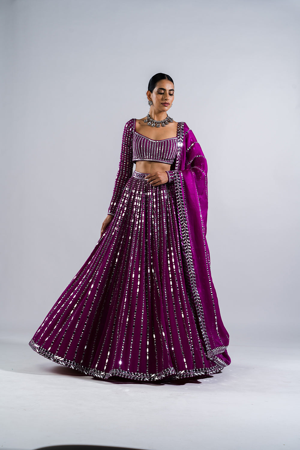 Pop Wine Linear Drop Lehenga Set.